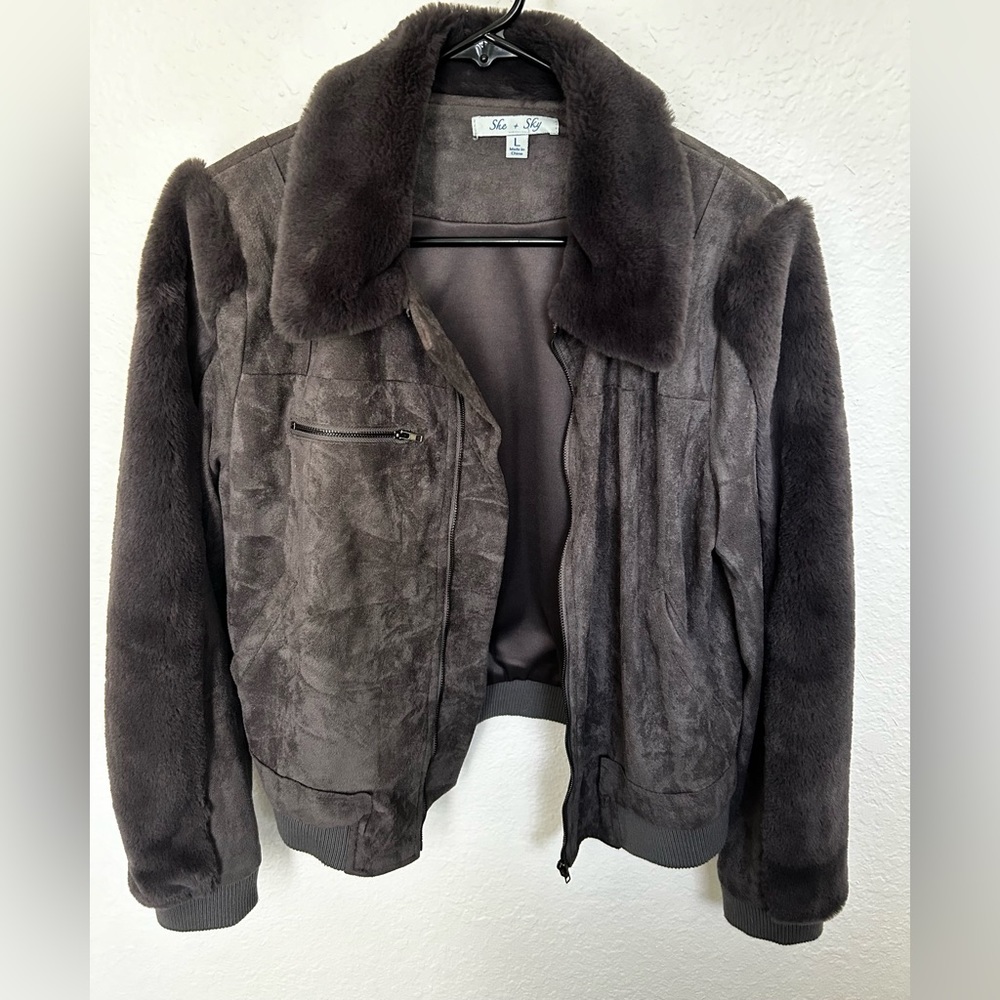 Women’s jacket , faux suede, faux fur, gray, warm